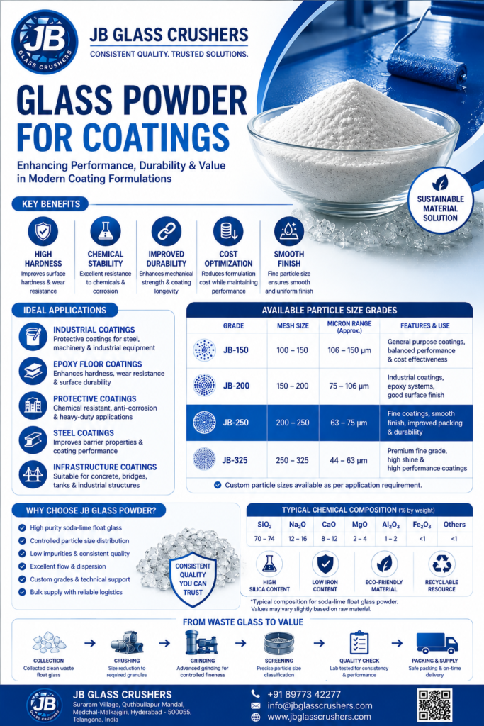 Can glass powder improve coating performance while helping optimize formulation cost?
Glass powder is increasingly being evaluated as a functional inorganic filler in coating and epoxy formulations.
When the right glass chemistry and particle size are selected, glass powder can offer potential benefits such as:
πΉ High hardness β supports surface durability and wear resistance
πΉ Chemical stability β suitable for selected protective coating systems
πΉ Improved durability β can contribute to mechanical strength and coating longevity
πΉ Cost optimization β potential to optimize the overall filler package
πΉ Smooth finish β fine, controlled particles can support better surface finish and packing
πΉ Controlled particle size β grades can be selected according to the application
Where can glass powder be evaluated?
π Industrial coatings
π‘οΈ Protective & anti-corrosion coatings
π’ Epoxy floor coatings
βοΈ Steel & machinery coatings
π Infrastructure coatings
π§± Construction-related coating systems
Particle size matters. Depending on the formulation, fine grades such as 150β200, 200β250 and 250β325 mesh can be evaluated, with customized particle sizes available based on application requirements.
At JB Glass Crushers, we manufacture clear soda-lime float glass powder with controlled particle-size distribution and can provide TDS, specifications and samples for formulation trials.
The right question isn't simply βCan glass powder be added to a coating?β
It's:
βWhich glass-powder grade delivers the right balance of performance, dispersion and formulation cost for my coating?β
π +91 89773 42277
π§ info@jbglasscrushers.com
π jbglasscrushers.com
#GlassPowder #Coatings #Epoxy #IndustrialCoatings #ProtectiveCoatings #EpoxyFlooring #PaintsAndCoatings #FunctionalFiller #GlassPowderSupplier #IndustrialMaterials #CoatingTechnology #RawMaterials #JaiBhavaniGlassCrushers